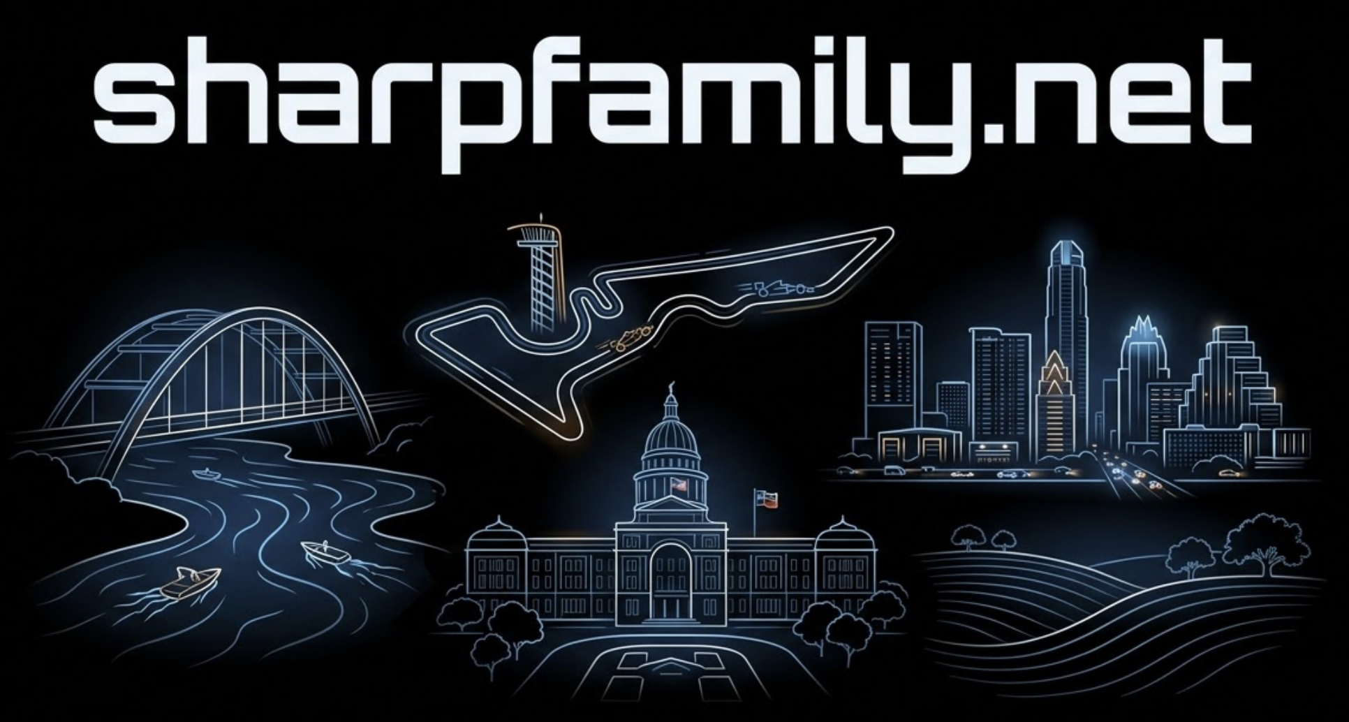 Sharp Family Website Logo featuring Austin landmarks